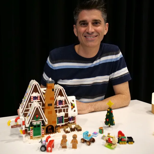 Jamie Berard presenting the LEGO Gingerbread House set