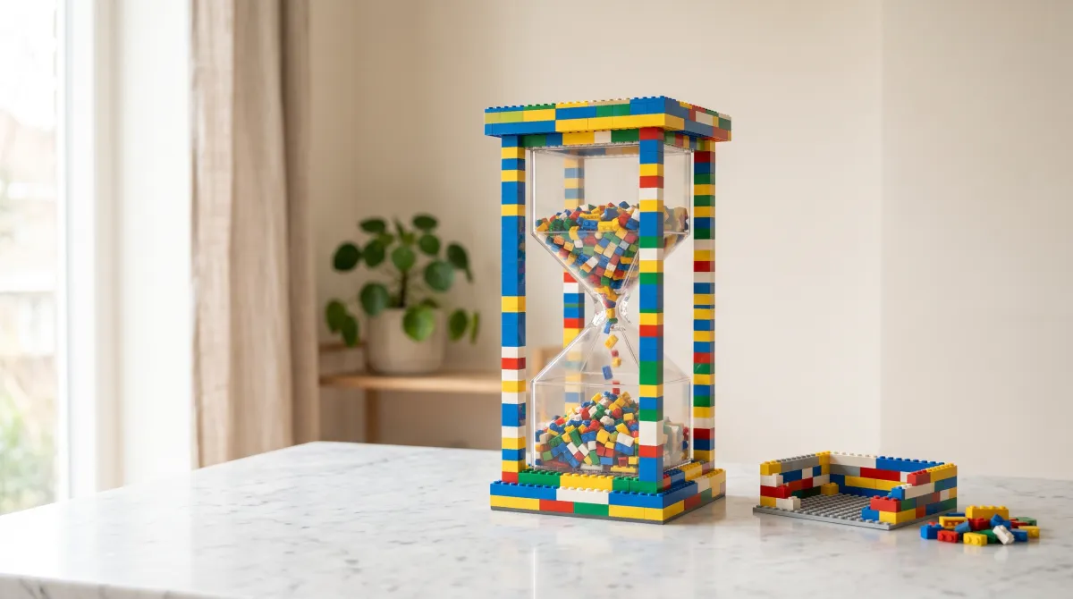 A LEGO brick hourglass filled with falling bricks, built on a marble counter
